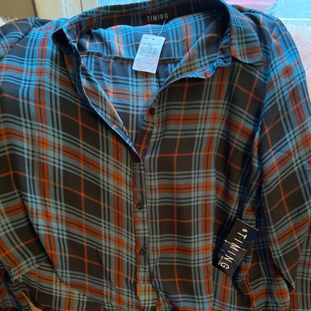 Button up plaid sheer shirt